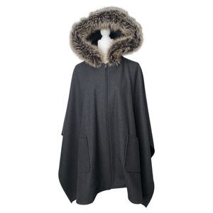 Moda International Victorias Secret Gray Wool Hooded Cape Poncho Faux Fur Size S